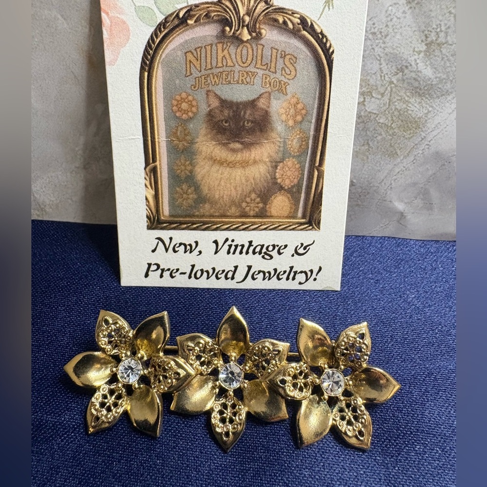 Brooch Pendant Vintage Floral Rhinestone Accents Antique Gold